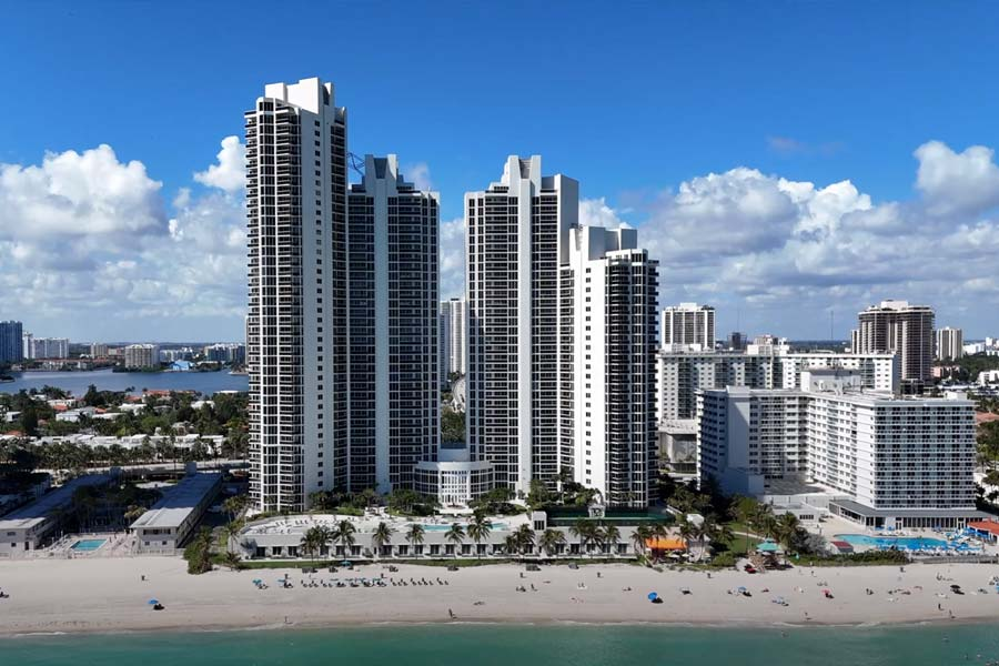 Drone video screenshot of the Sunny Isles Beach waterfront buildings